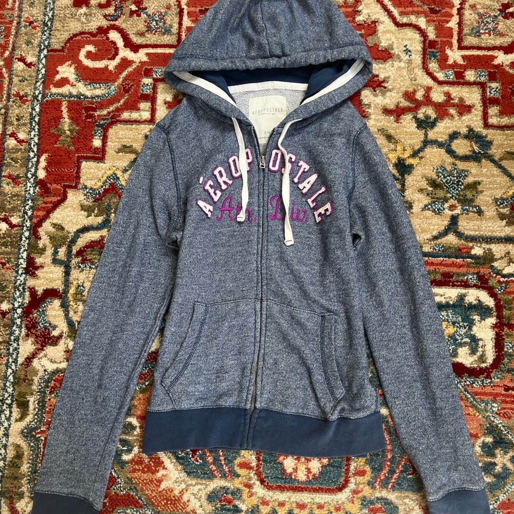 Y2K 2000s Aéropostale Heather Navy Zip-Up Hoodie with Pink Logo
